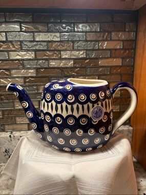 Ceramic Blue and White Polish-Style Teapot - Handcrafted Decorative Kettle